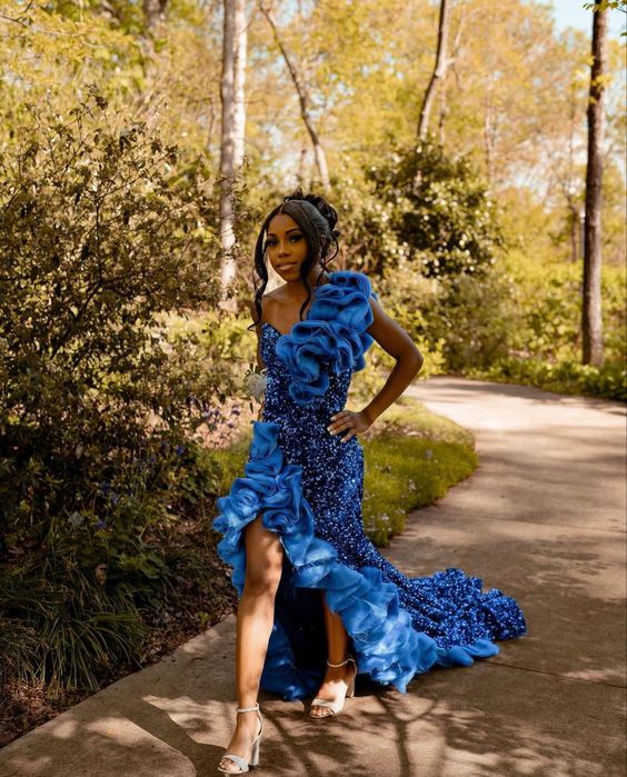 Blue Long Prom Dress Sequined Ruffles Side Split Sexy Evening Dress Graduation Party Gowns fg5148