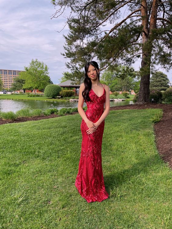 Elegant Red Sequins Long Prom Dress, Formal Gown fg5259