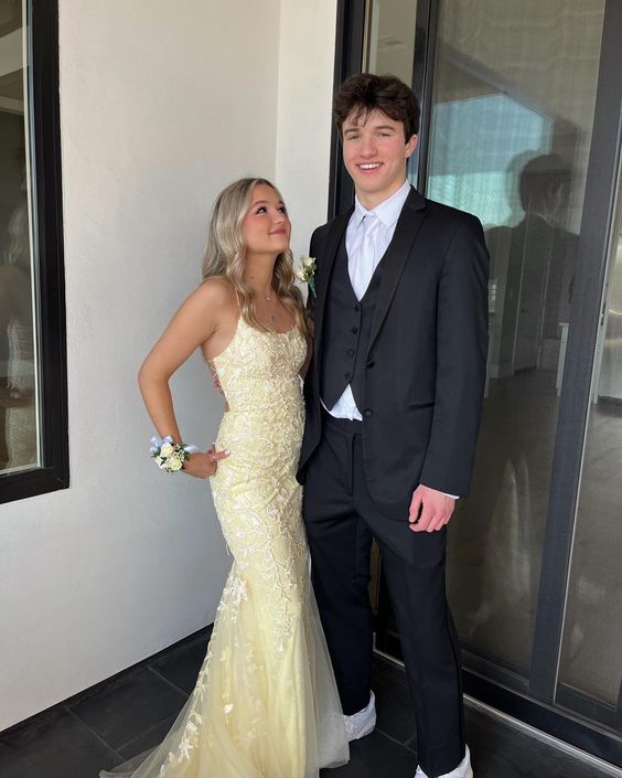 Yellow Lace Prom Dress Spaghetti Straps Prom Dress fg4844