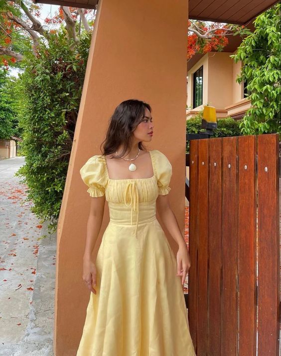 Light Yellow A-line Prom Dress with Puff Sleeves fg5224