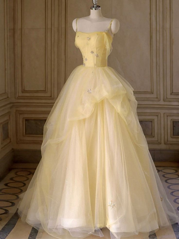 A Line Spaghetti Straps Layered Yellow Long Prom Dresses, Yellow Tulle Formal Evening Dresses, Ball Gown fg5006