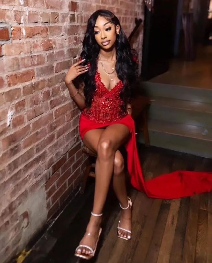 Red Sparkly Short Prom Homecoming Dresses with Side Train Luxury Diamond Crystal Birthday Party Gown fg5499