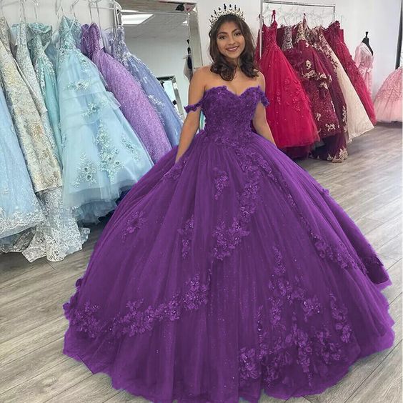 Off the Shoulder Flowers Beaded Purple Ball Gown Quinceanera Dresses fg4350