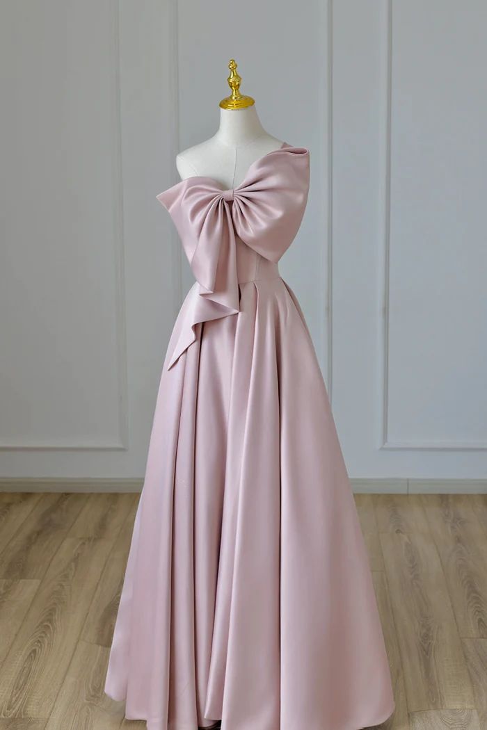 Pink Satin Bow Gown Long Formal Dress fg4858