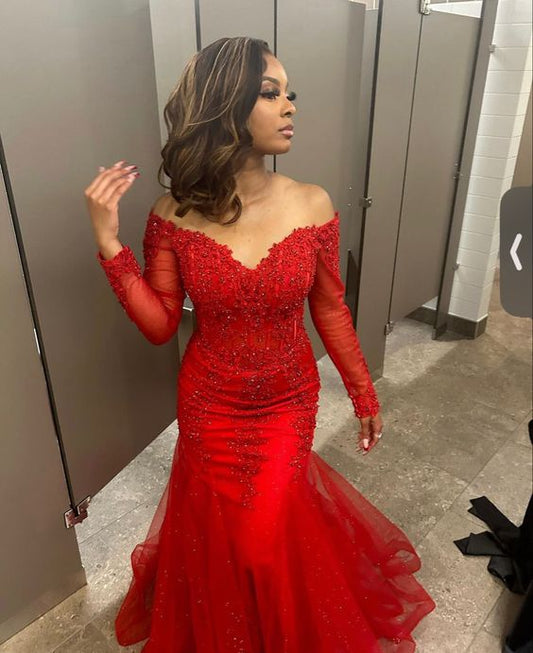 Red Mermaid Off The Shoulder Tulle Prom Dress Eveing Gown      fg5250