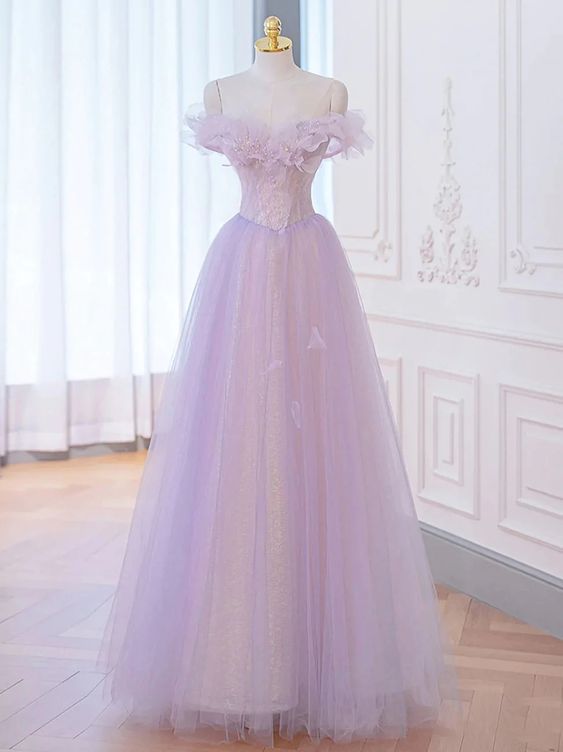 A-Line Purple Off Shoulder Long Prom Dress, Purple Formal Evening Dresses fg5248