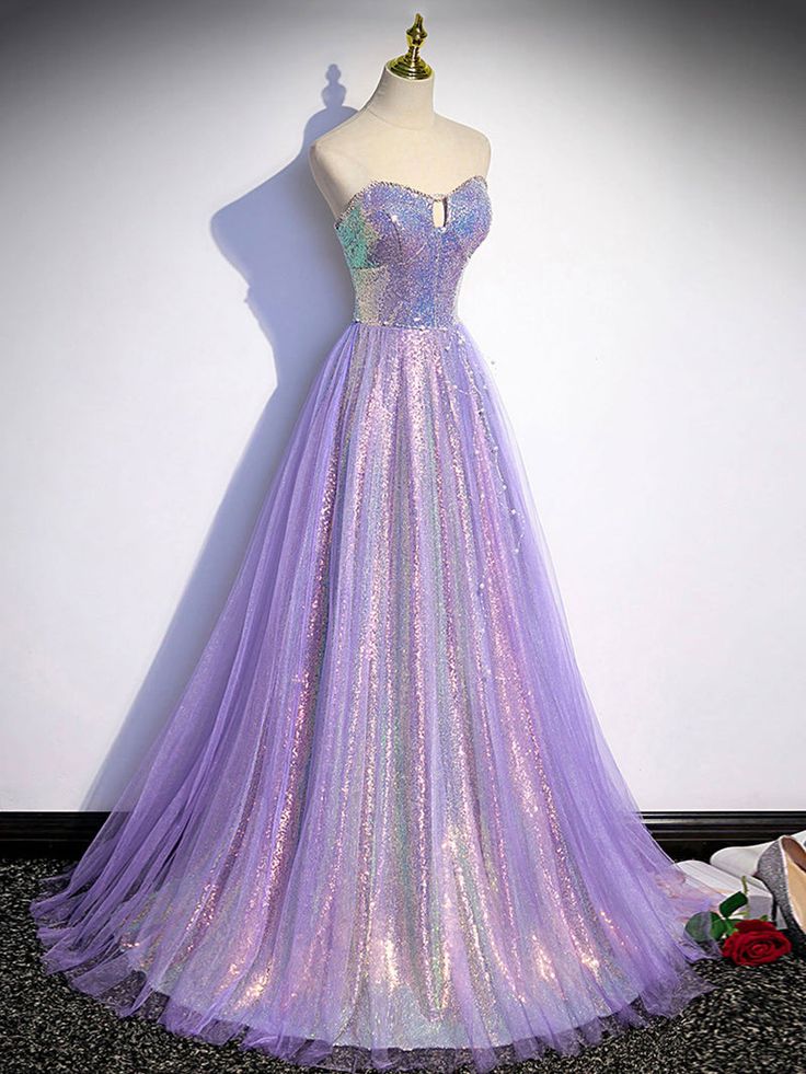 A line Purple Sweetheart Neck Tulle Long Prom Dress, Purple Evening Dress fg4293