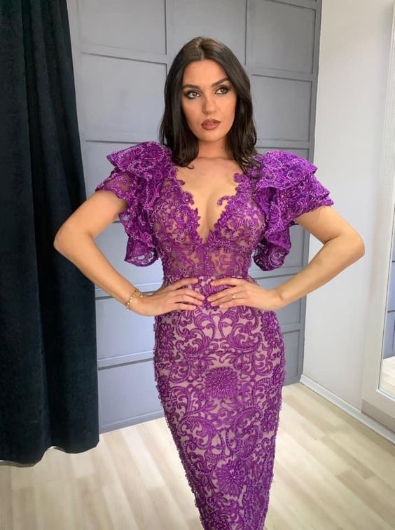 Elegant Purple Deep V-Neck Lace Evening Dresses Tea Length Prom Gowns fg4283