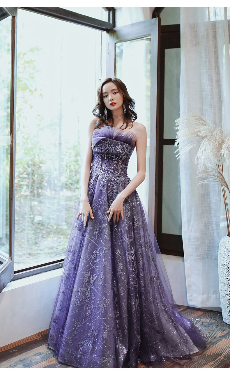 Dark Purple Tulle Style Evening Gown, Purple A-line Long Prom Dress Party Dress fg4008
