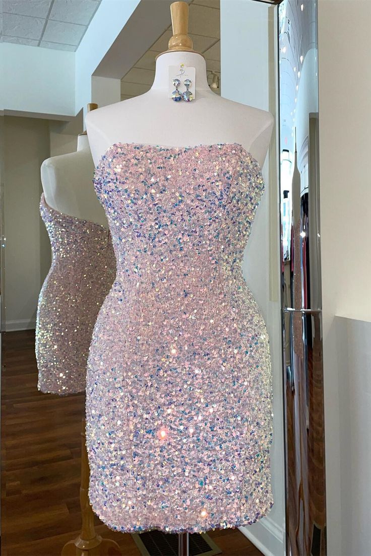 Sparkle Pink Sequin Strapless Bodycon Mini Party Dress Short Prom Dress fg3656