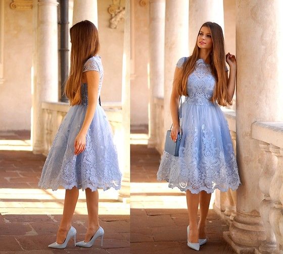 A-Line Blue Lace Tea Length Bridesmaid Dress Homecoming Dress fg3564