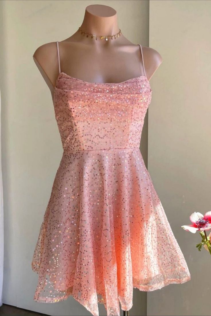 Cowl Neck Pink Sequined Tulle Short Party Dress Short Prom Dress fg3655