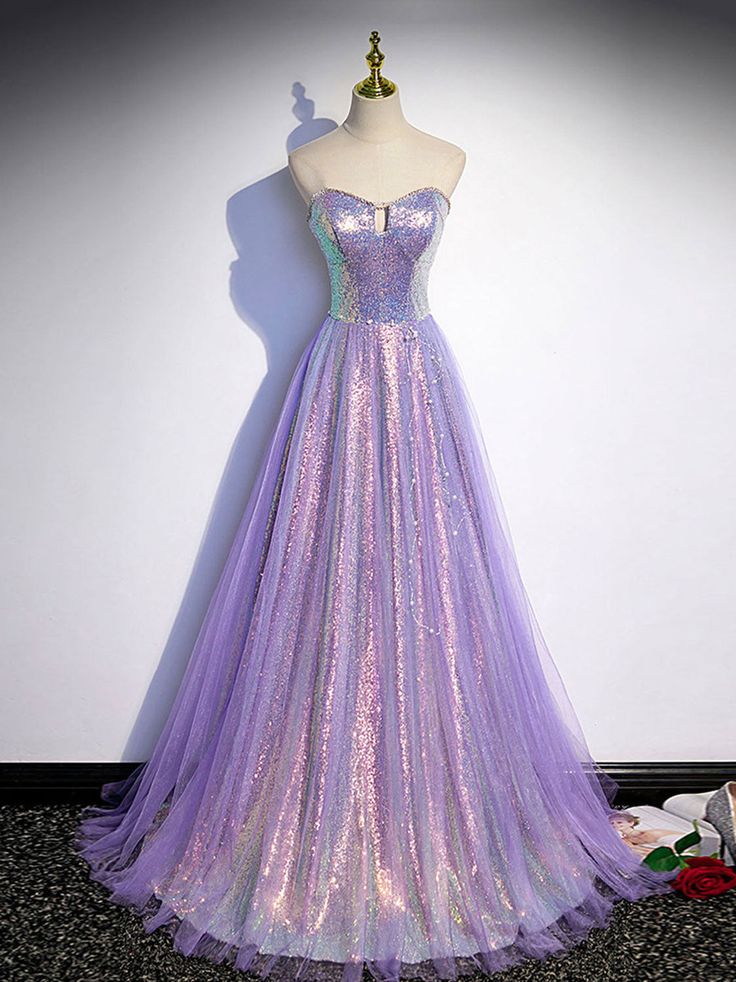 A line Purple Sweetheart Neck Tulle Long Prom Dress, Purple Evening Dress fg4293