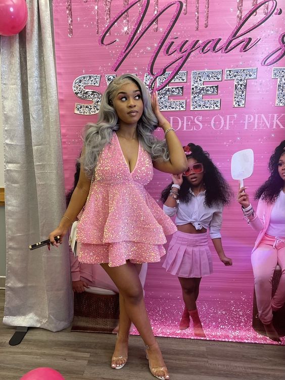 Sparkly Halter Sequin Cocktail Dresses Pink Short Prom Dresses fg3635