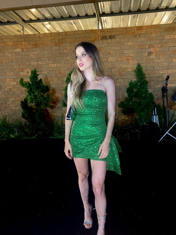 Green Sequin Spaghetti Straps Homecoming Dresses Short Prom Dresses fg3645
