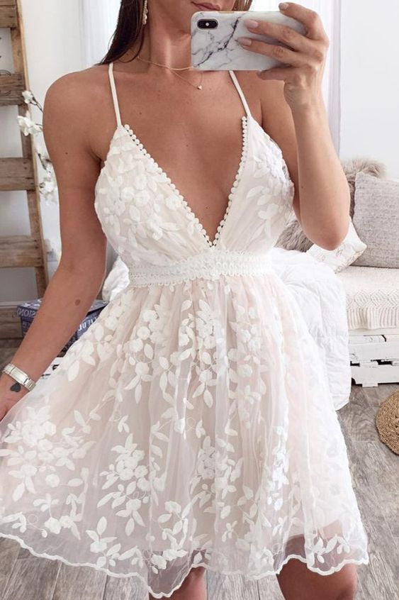 Lovely White Lace Short Prom Dress Mini Party Gowns fg3741