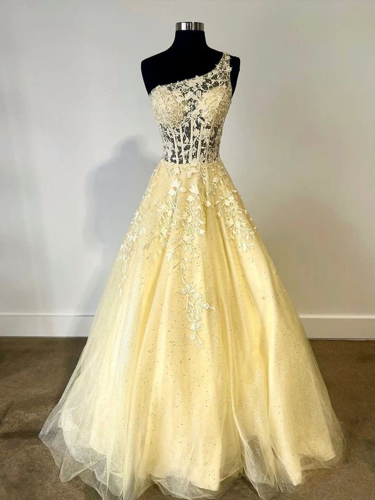 One Shoulder Yellow Lace Long Prom Dress, One Shoulder Party Dress Evening Dress fg3933