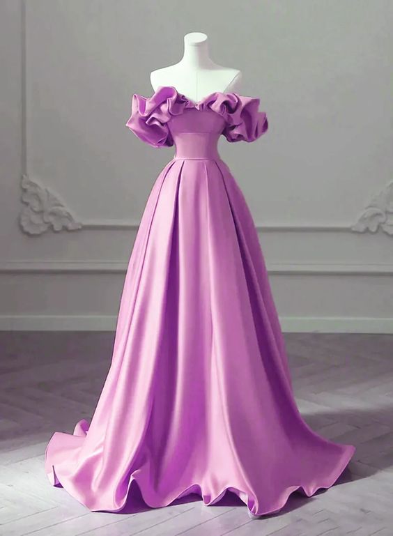 Purple Satin Off Shoulder Long Evening Dress, Purple Wedding Party Dress fg3381