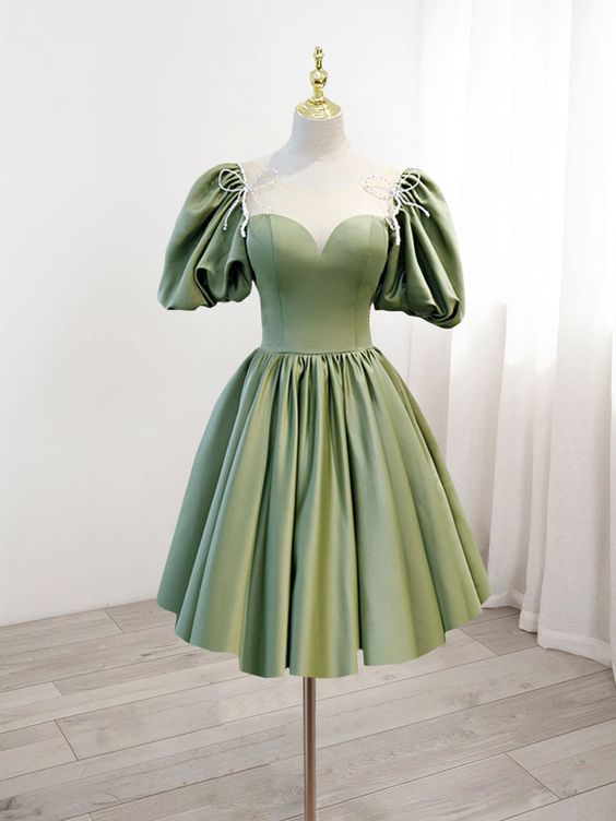 A-Line Green Puffy Sleeve Satin Short Prom Dress, Green Short Formal Dress fg3728