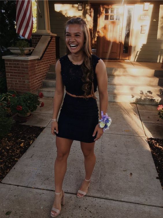 Short Two Piece Prom Dresses, Short Black Formal Homecoming Dresses fg3725