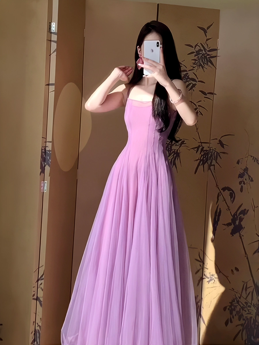 A Line Purple Tulle Long Prom Dress Sexy Evening Dresses fg7659