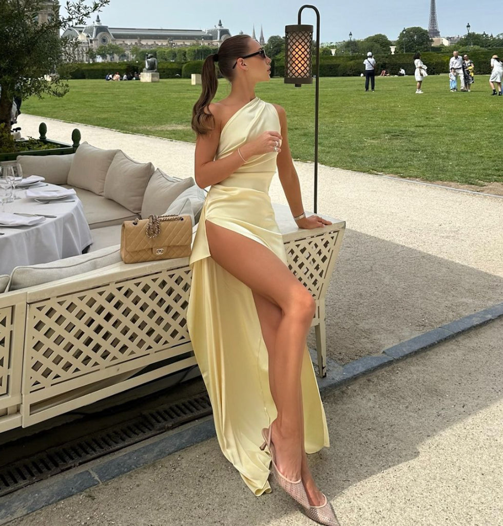 Yellow One Shoulder Prom Dress Sexy Evening Gowns fg7431