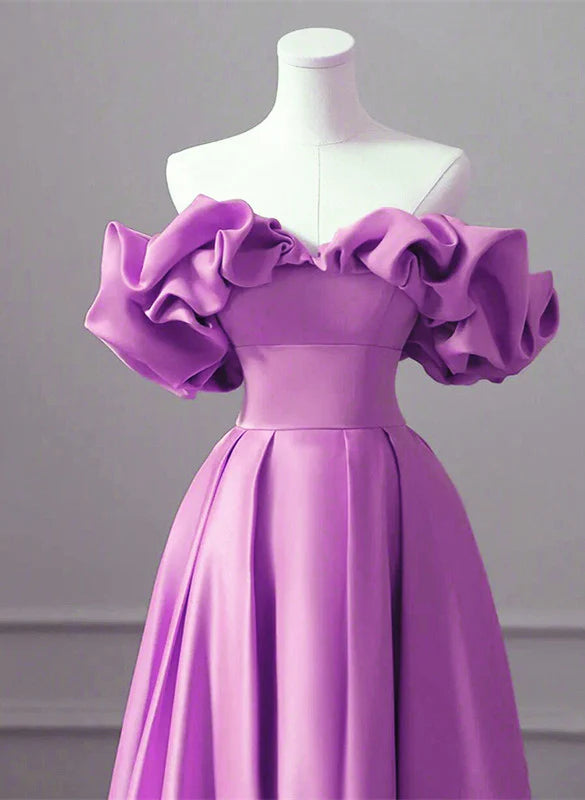 Purple Satin Off Shoulder Long Evening Dress, Purple Wedding Party Dress fg3381