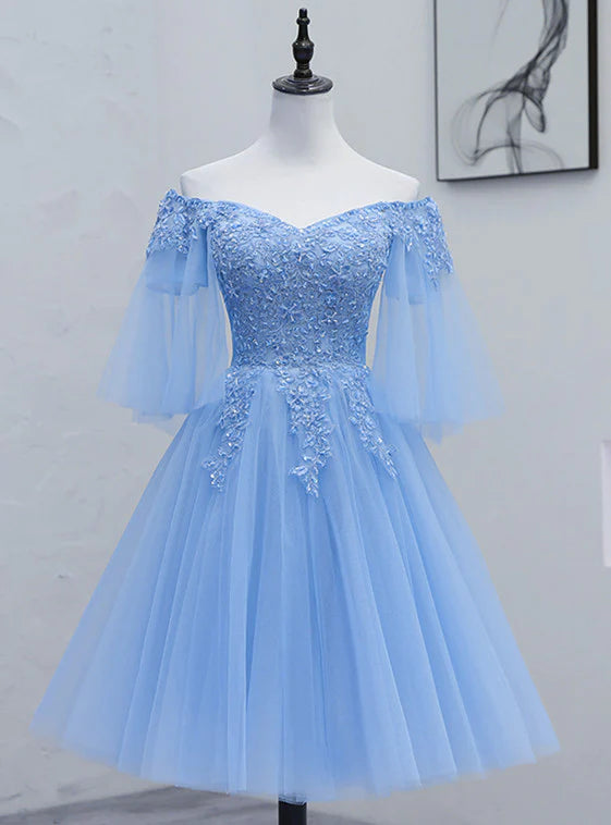 Lovely Light Blue With Lace Off Shoulder Short Prom Dress, Blue Homecoming Dresses fg3428