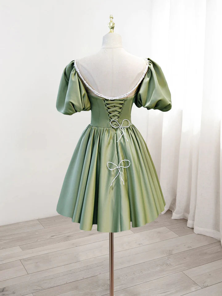 A-Line Green Puffy Sleeve Satin Short Prom Dress, Green Short Formal Dress fg3728