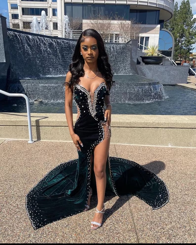 Velvet Prom Dress with High Slit, Wedding Reception Dress, Bridesmaid Dress fg3518