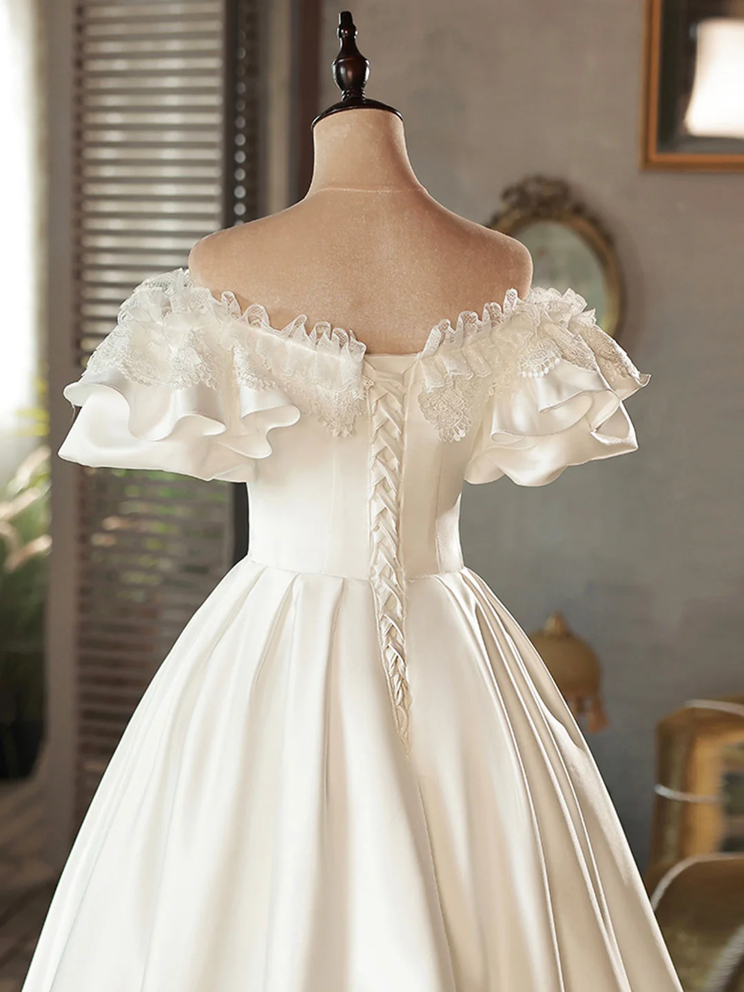 Satin Lace Short Prom Dress, Evening Dress, Wedding Dress fg5825