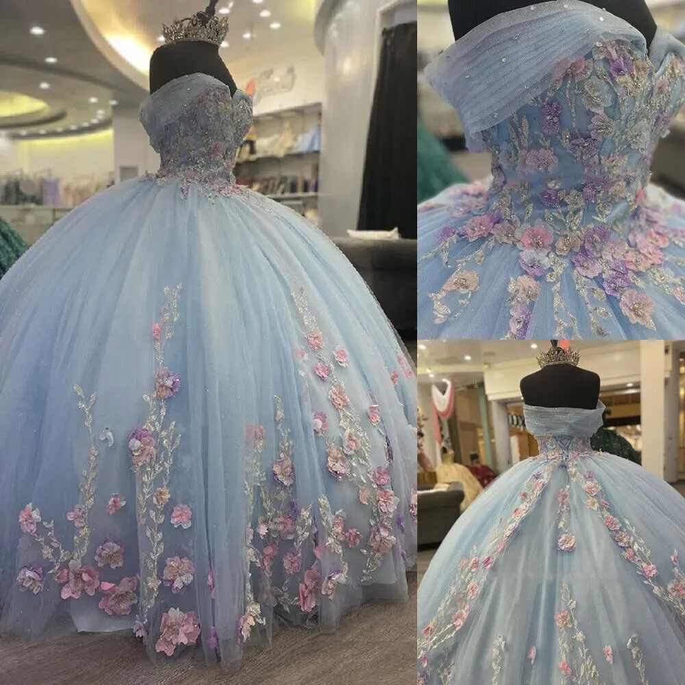 Light Blue Puffy Ball Gown Quinceanera Dresses Off Shoulder Flower Corset Sweet 16 Dress fg5683
