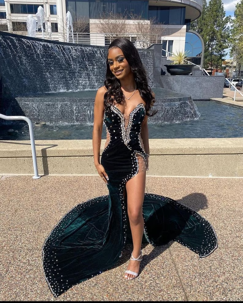 Velvet Prom Dress with High Slit, Wedding Reception Dress, Bridesmaid Dress fg3518