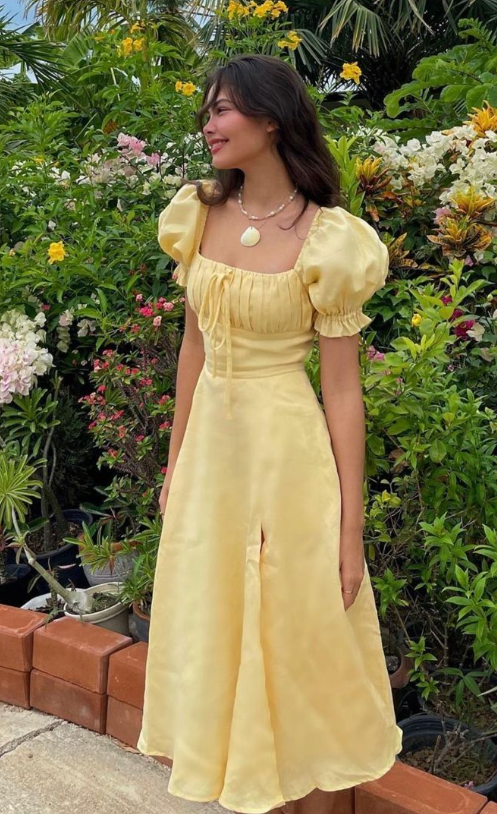 Light Yellow A-line Prom Dress with Puff Sleeves fg5224