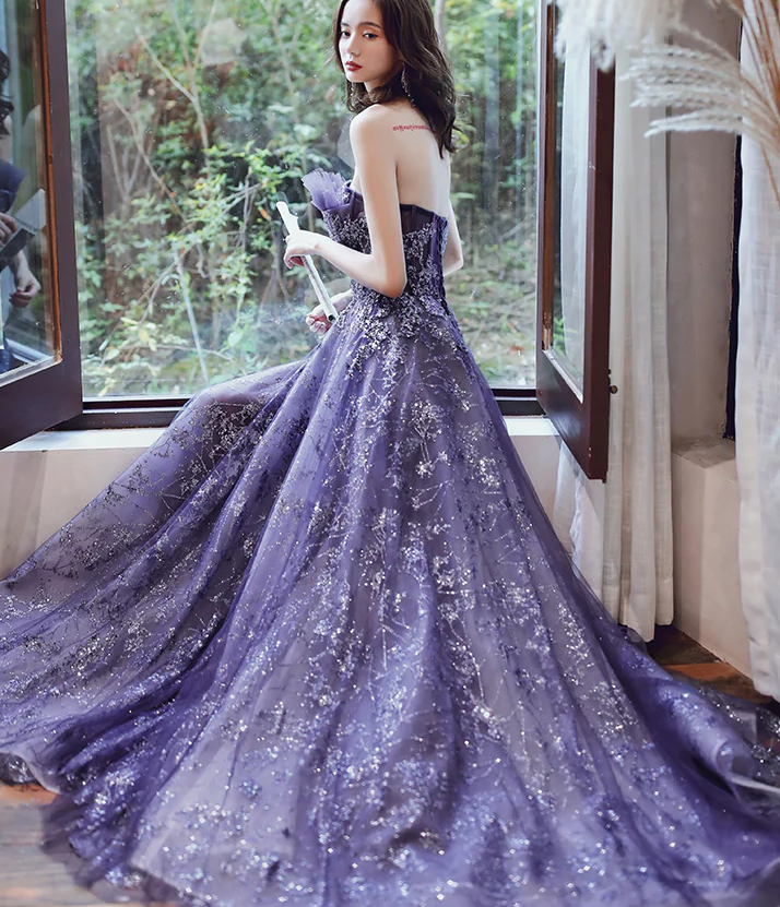 Dark Purple Tulle Style Evening Gown, Purple A-line Long Prom Dress Party Dress fg4008
