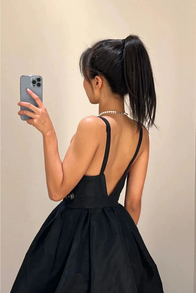 V Neck Black Backless Satin Short Prom Dresses, Open Back V Neck Short Black Formal Evening Homecoming Graduation Dresses fg6031