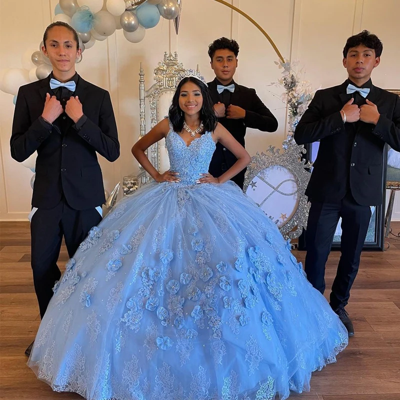 Blue Off Shoulder Dress 15th 3D Floral Formal Birthday Luxury Ball Gown fg6013