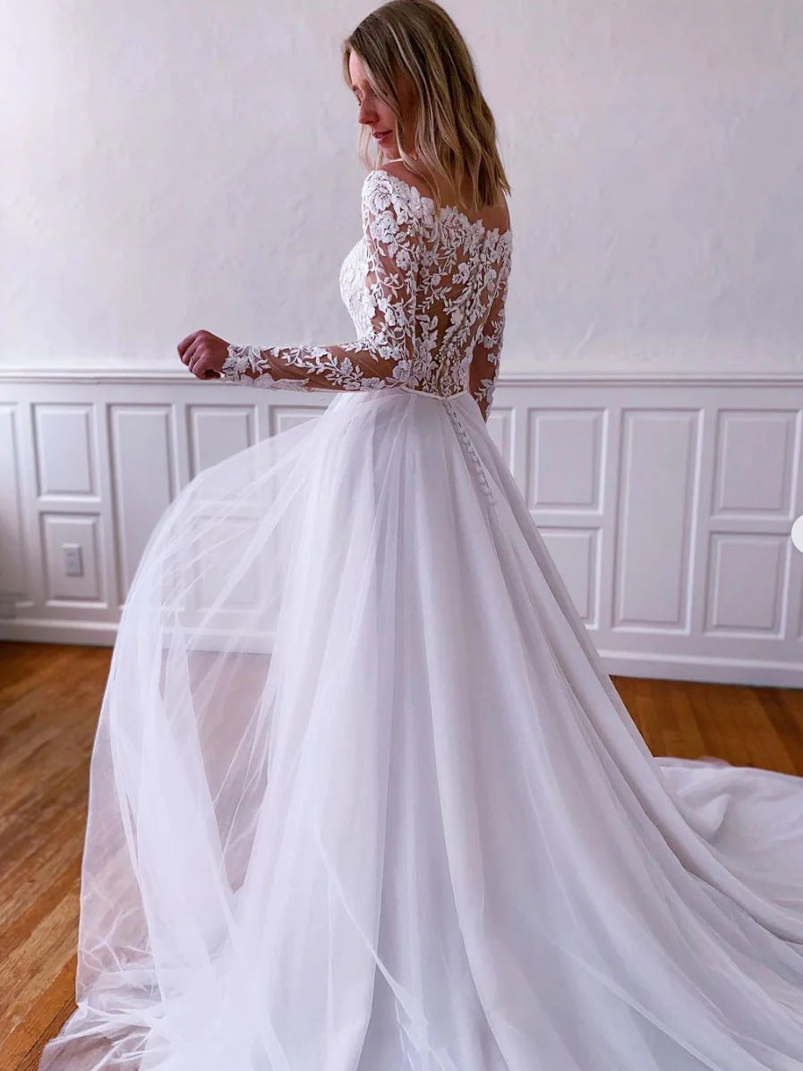 White lace tulle long prom dress, white lace tulle evening dress fg3859