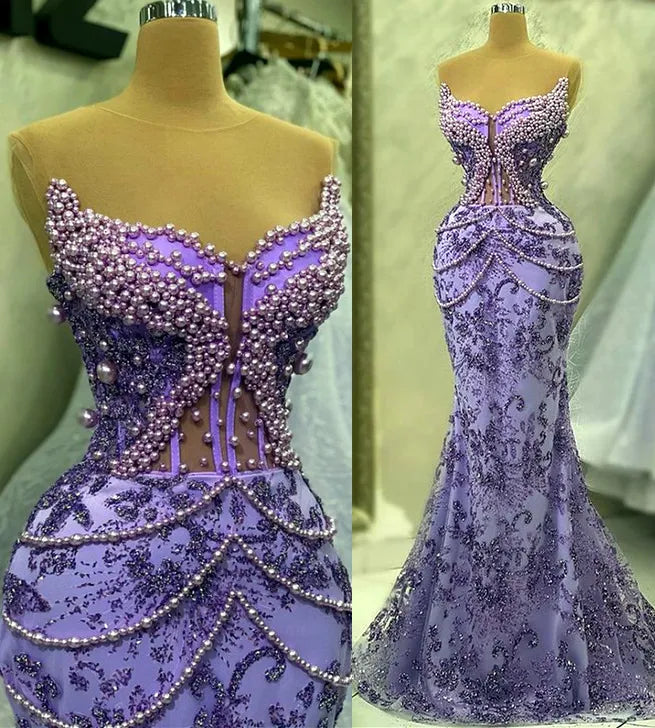 Purple Mermaid Evening Dress Beaded Formal Prom Gown fg7065