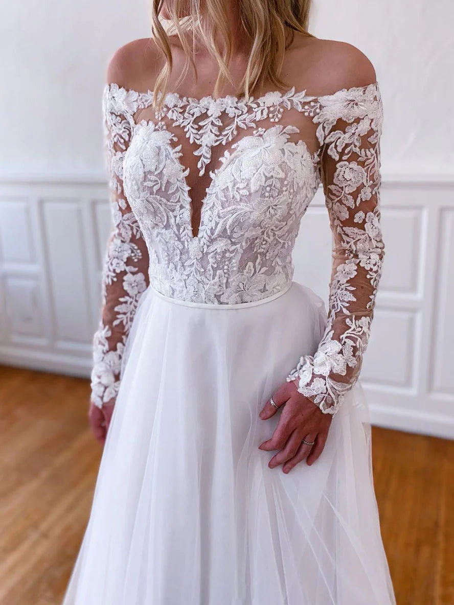 White lace tulle long prom dress, white lace tulle evening dress fg3859