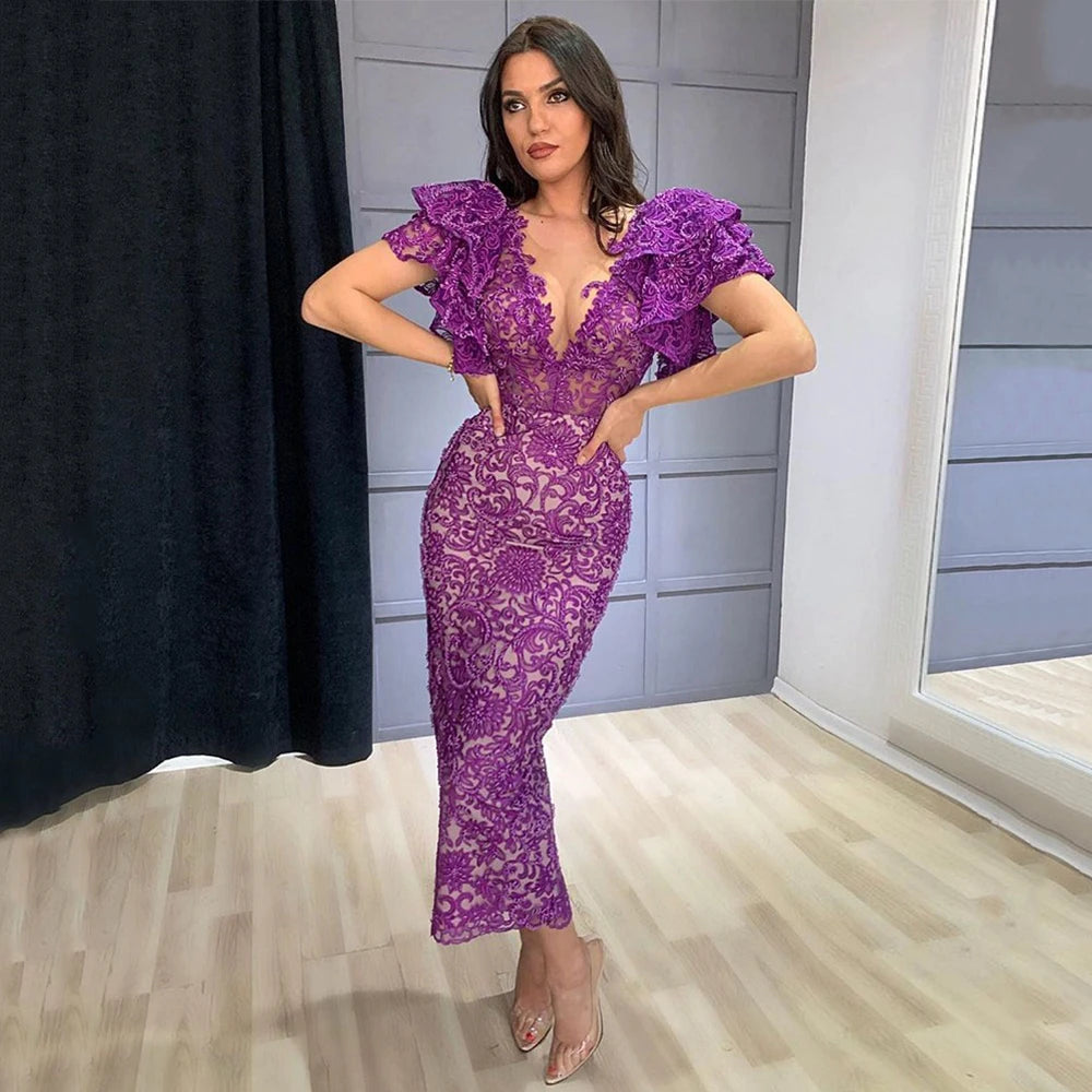 Elegant Purple Deep V-Neck Lace Evening Dresses Tea Length Prom Gowns fg4283