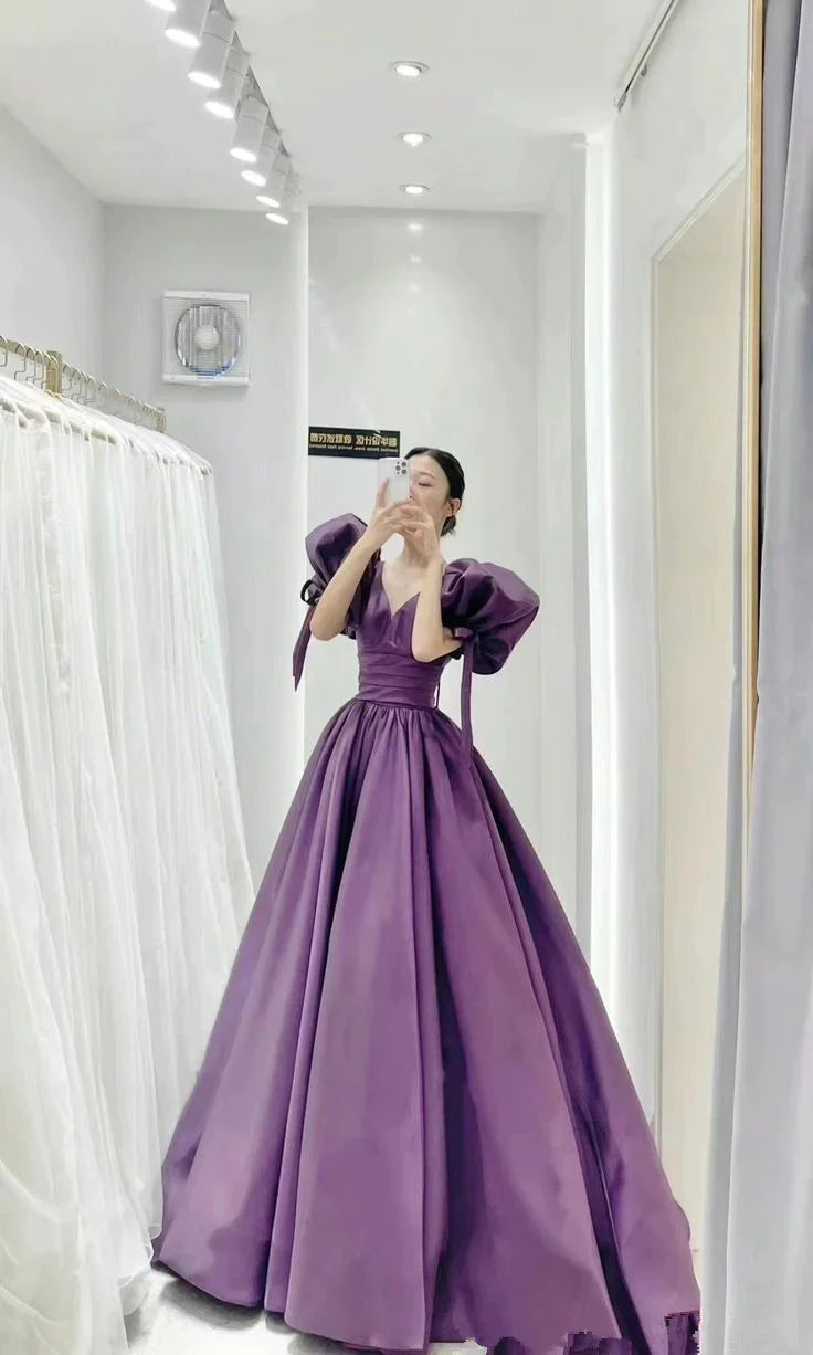 Satin Purple Puffy Sleeves Corset Prom Dress Pageant Party Dress Gala Sweet 16 Quinceanera Gown fg4140