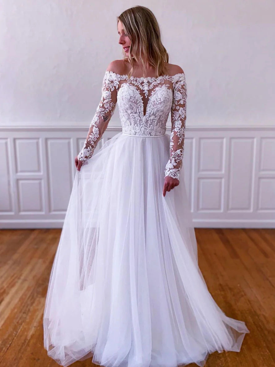 White lace tulle long prom dress, white lace tulle evening dress fg3859