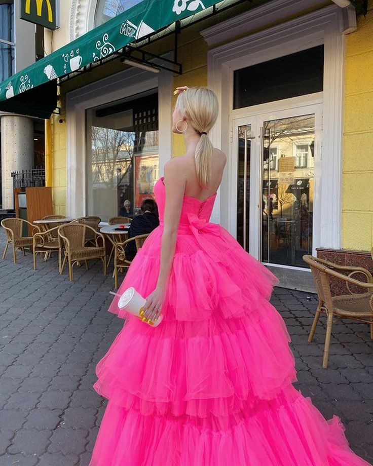 Hot Pink High Low Tulle Long Prom Dresses, Hot Pink High Low Formal Graduation Dresses fg3179