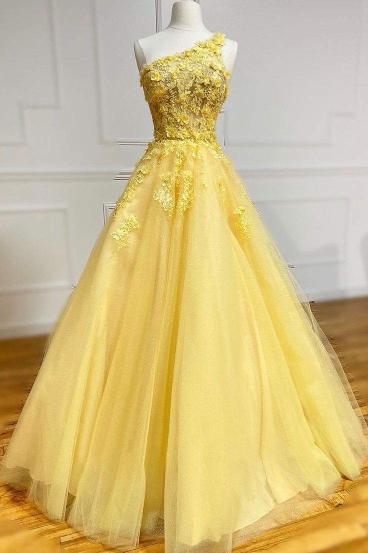 Yellow Lace One Shoulder Evening Dress, A-Line Tulle Long Prom Dress fg3197