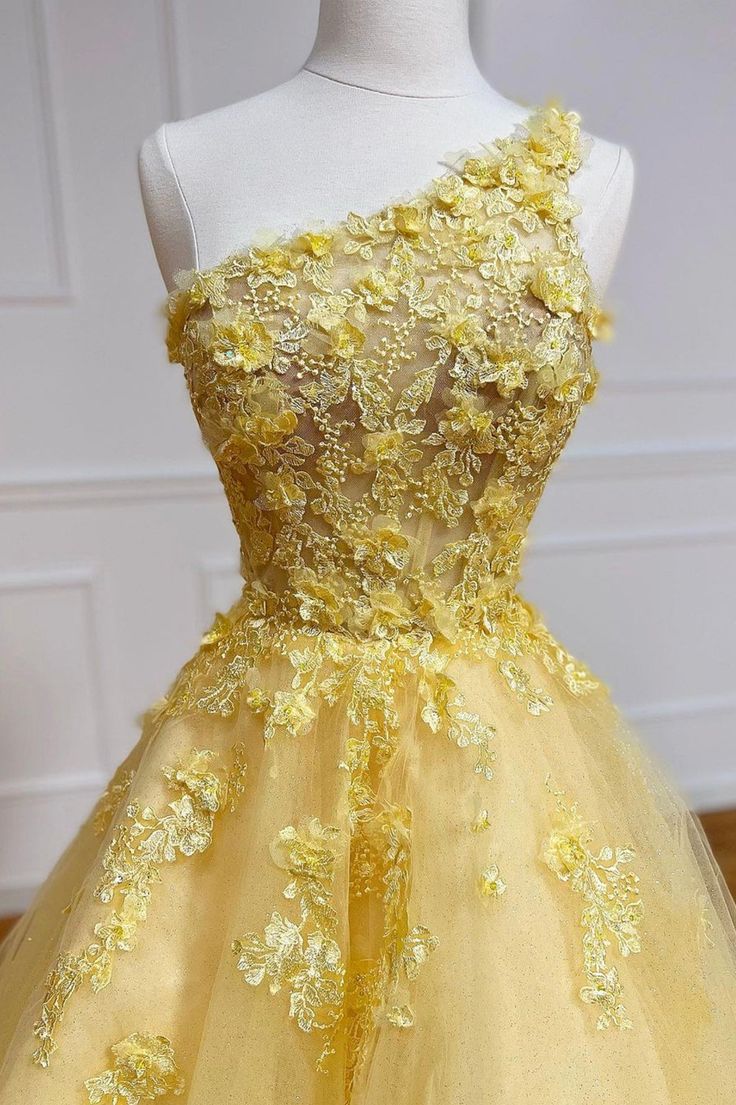 Yellow Lace One Shoulder Evening Dress, A-Line Tulle Long Prom Dress fg3197