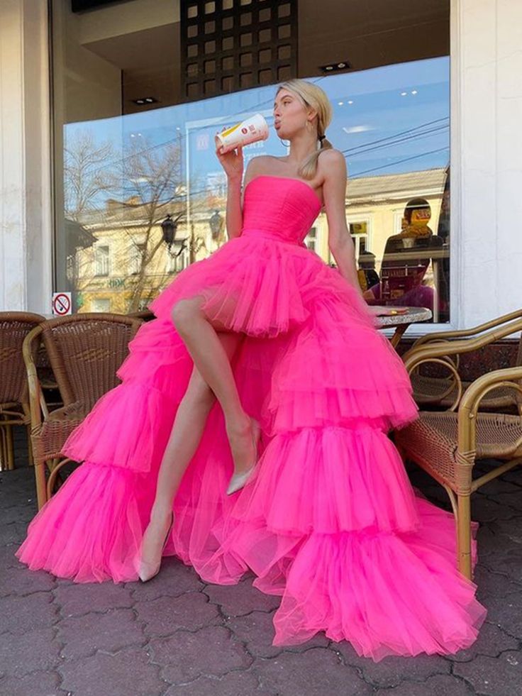 Hot Pink High Low Tulle Long Prom Dresses, Hot Pink High Low Formal Graduation Dresses fg3179