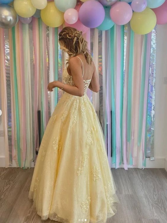 Yellow A line tulle lace long prom dress yellow tulle long party dress fg2905