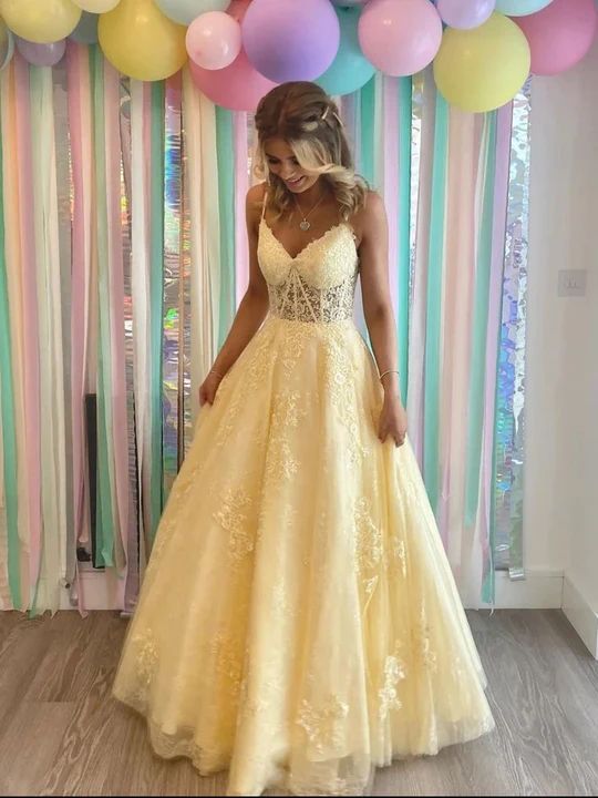 Yellow A line tulle lace long prom dress yellow tulle long party dress fg2905