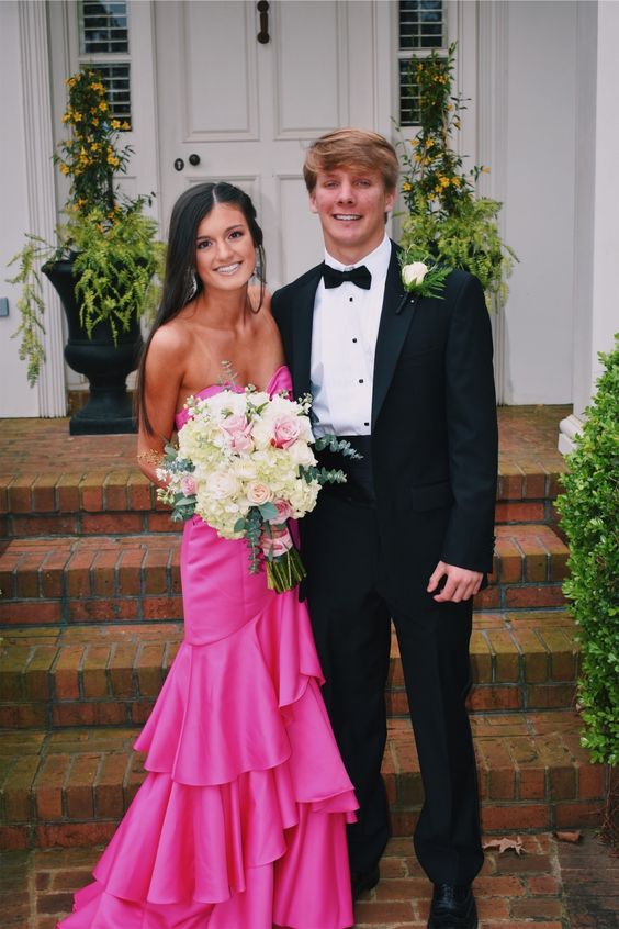 Hot Pink Satin Mermaid Prom Dresses Long Evening Gowns With Tiered fg3023